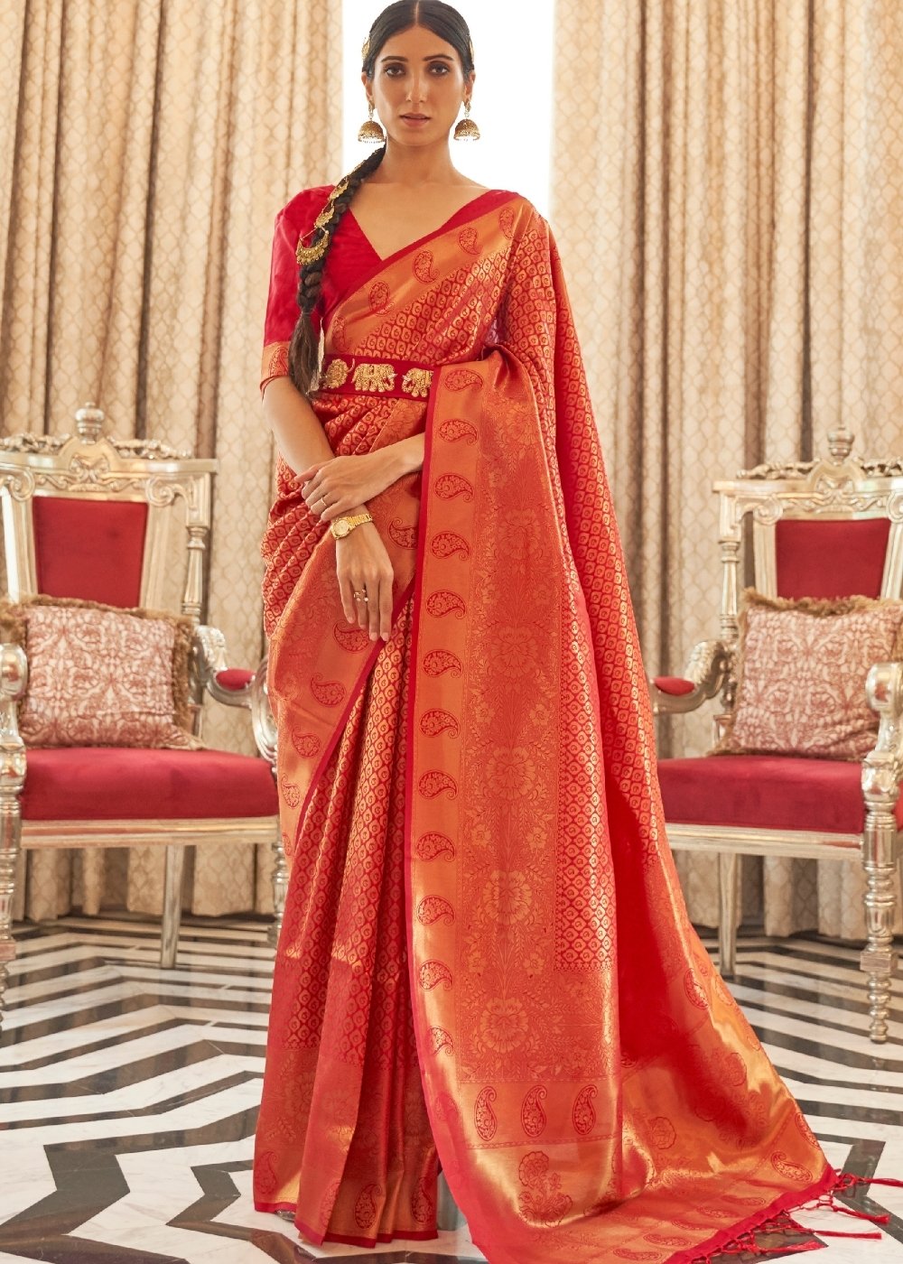 Vermilion Red Zari Woven Kanjivaram Silk Saree with Tassels on Pallu Clothsvilla Main image