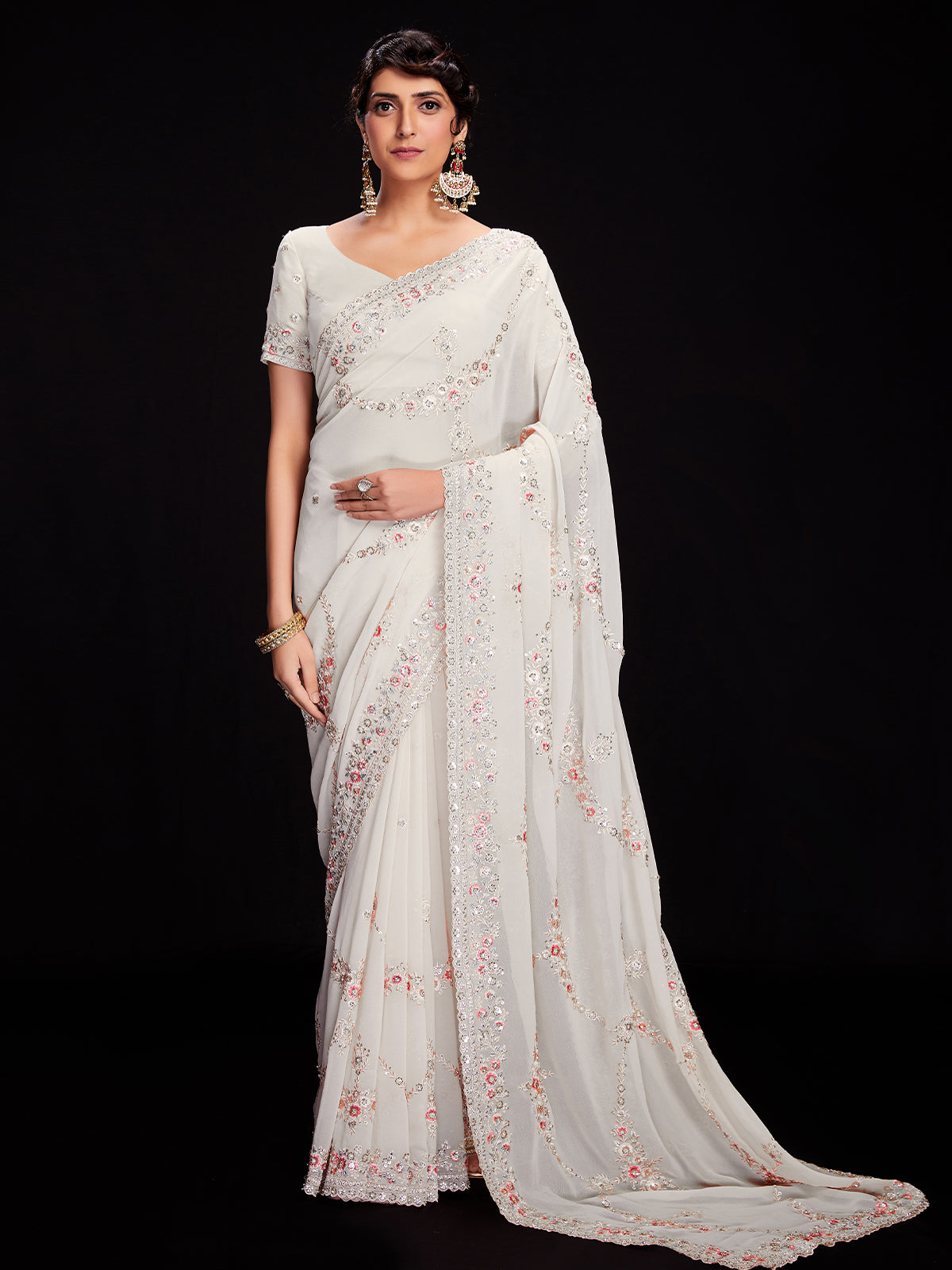 Off White Georgette Embroidered Saree With Unstitched Blouse Clothsvilla Main image