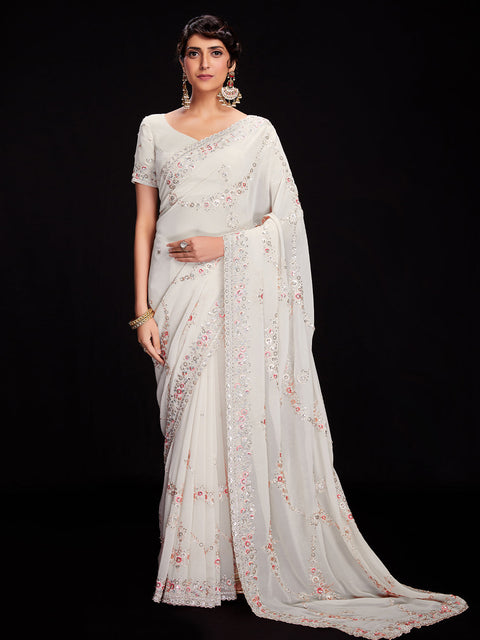 Off White Georgette Embroidered Saree With Unstitched Blouse Clothsvilla Main image