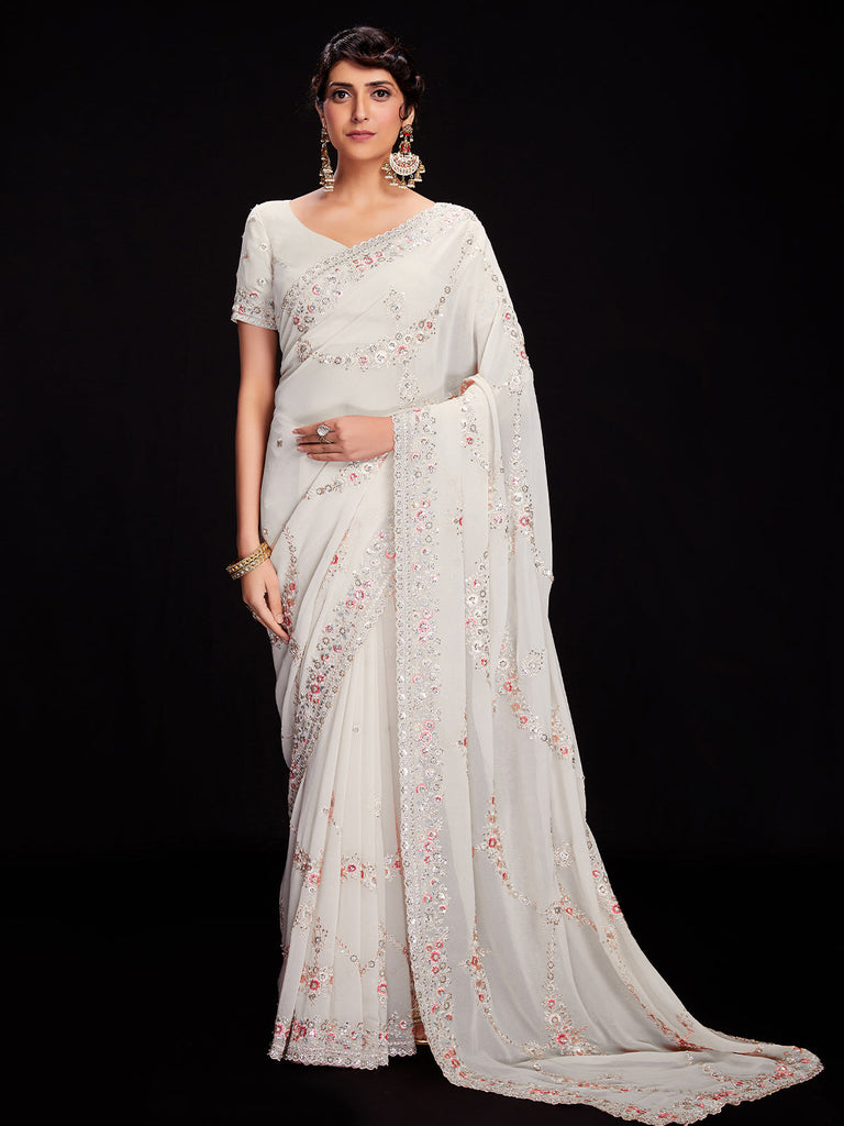 Off White Georgette Embroidered Saree With Unstitched Blouse Clothsvilla