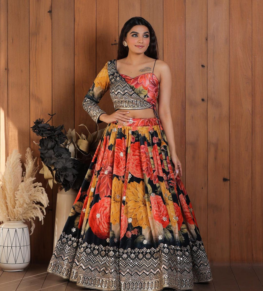 Stylist Multi Color Lehenga Choli With One Side Sleeve Shrug Stylist Multi Color Lehenga Choli With One Side Sleeve Shrug