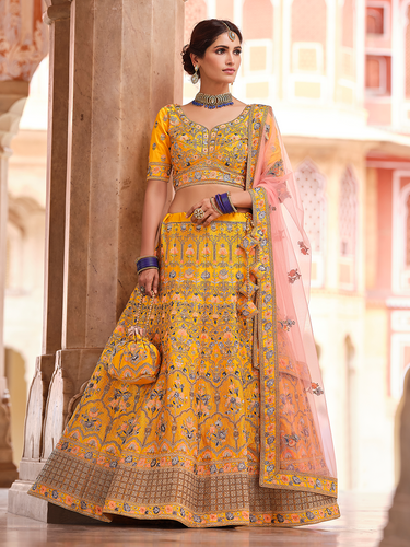 Mustard Swarovski Embroidered Crepe Semi Stitched Lehenga With Unstitched Blouse Clothsvilla