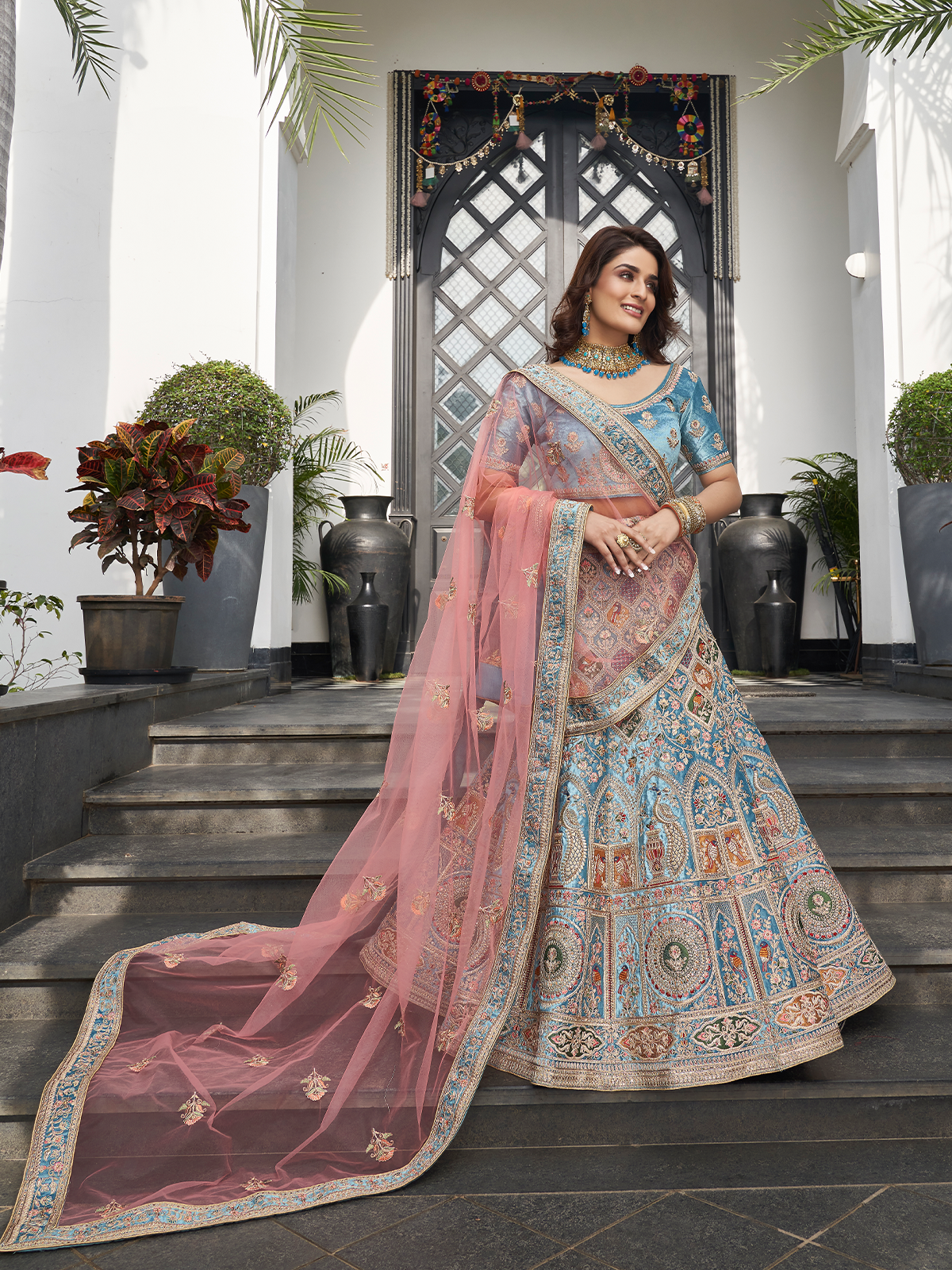 Sky Blue Velvet Semi Stitched Lehenga With Unstitched Blouse Clothsvilla