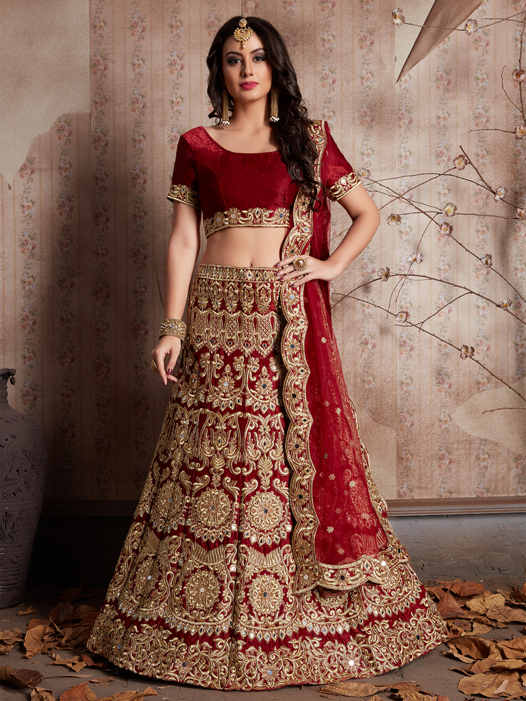 Maroon Embroidered Semi Stitched Lehenga With Unstitched Blouse Clothsvilla