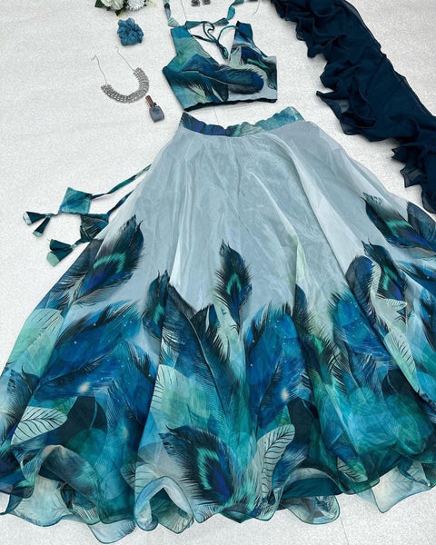 Beautiful Print Organza Sky Blue Color Lehenga Choli Main image