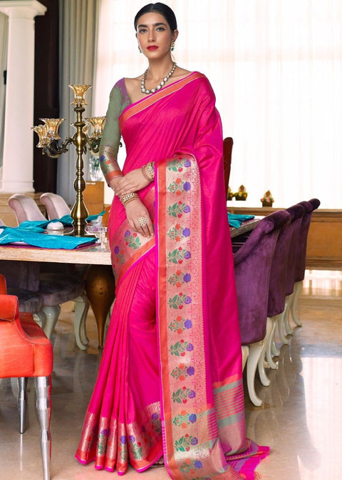 Hot Pink Handloom Weave Silk Saree Clothsvilla Main image