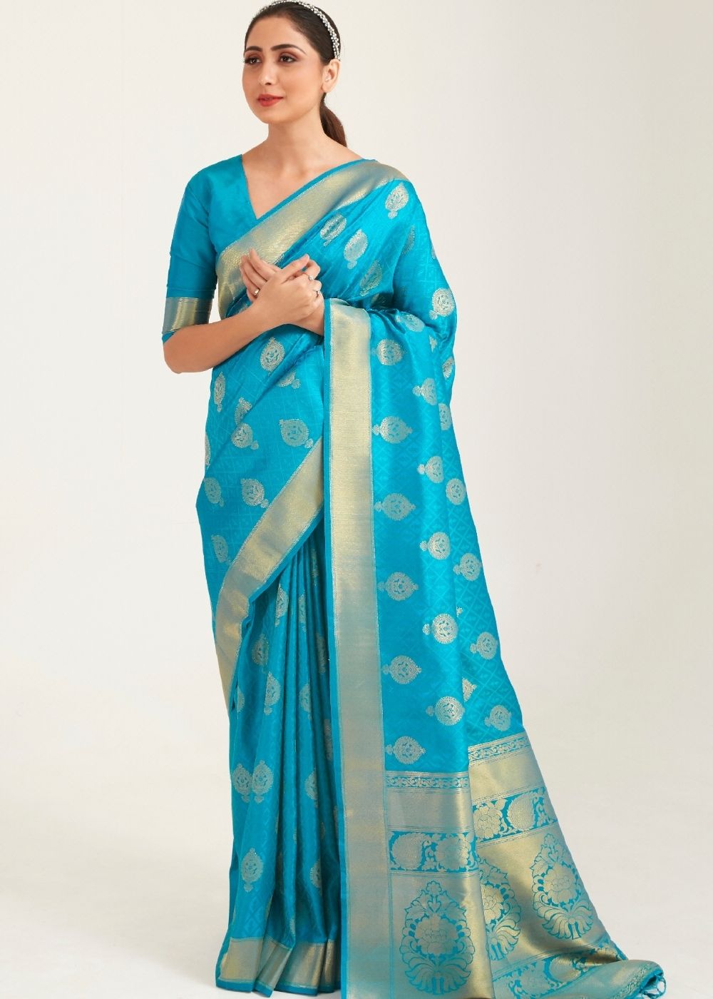 Olympic Blue Zari Butta Woven Banasari Silk Saree Clothsvilla