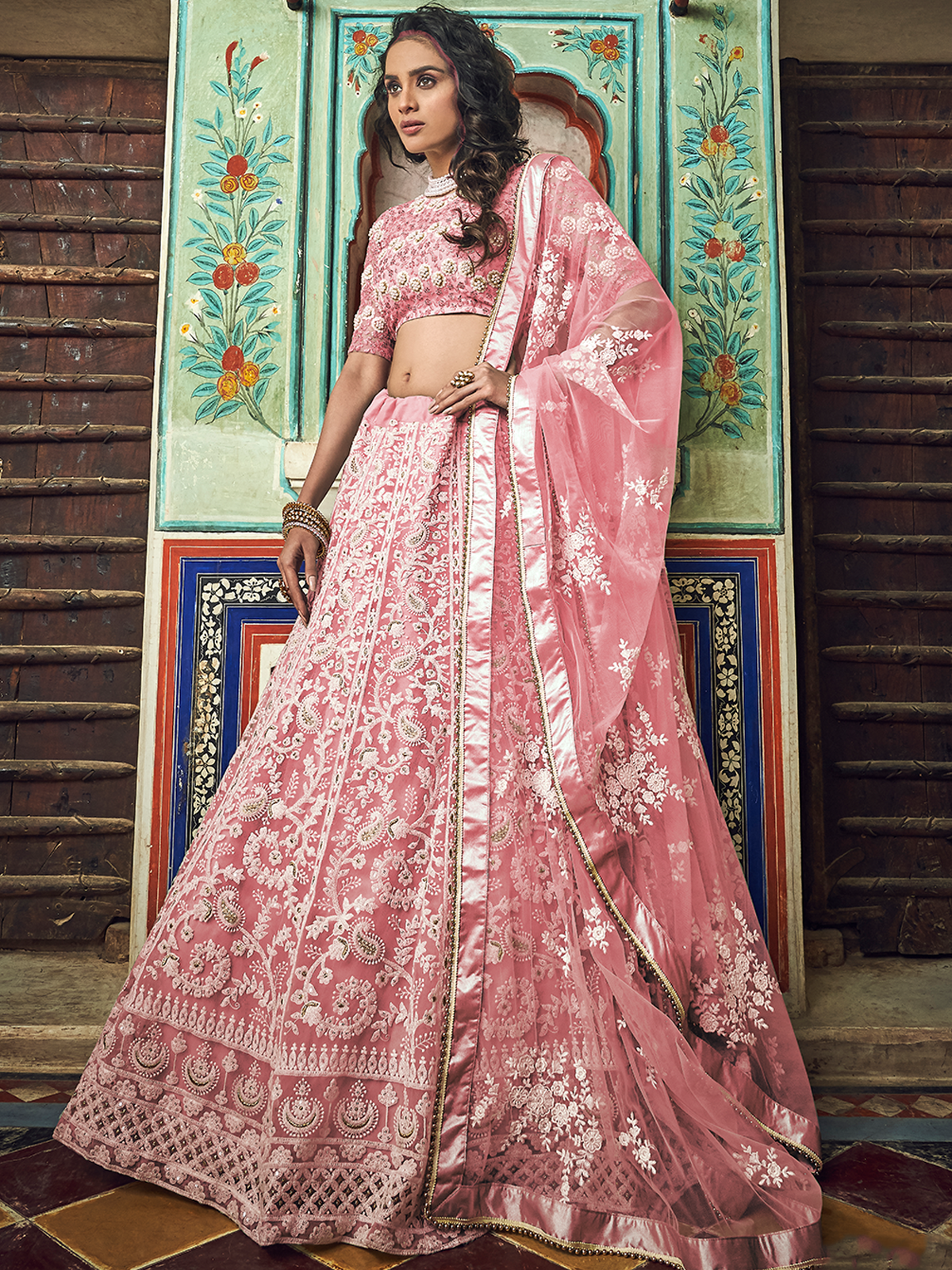 Pink Embroidered Soft Net Semi Stitched Lehenga With Unstitched Blouse Clothsvilla Main image