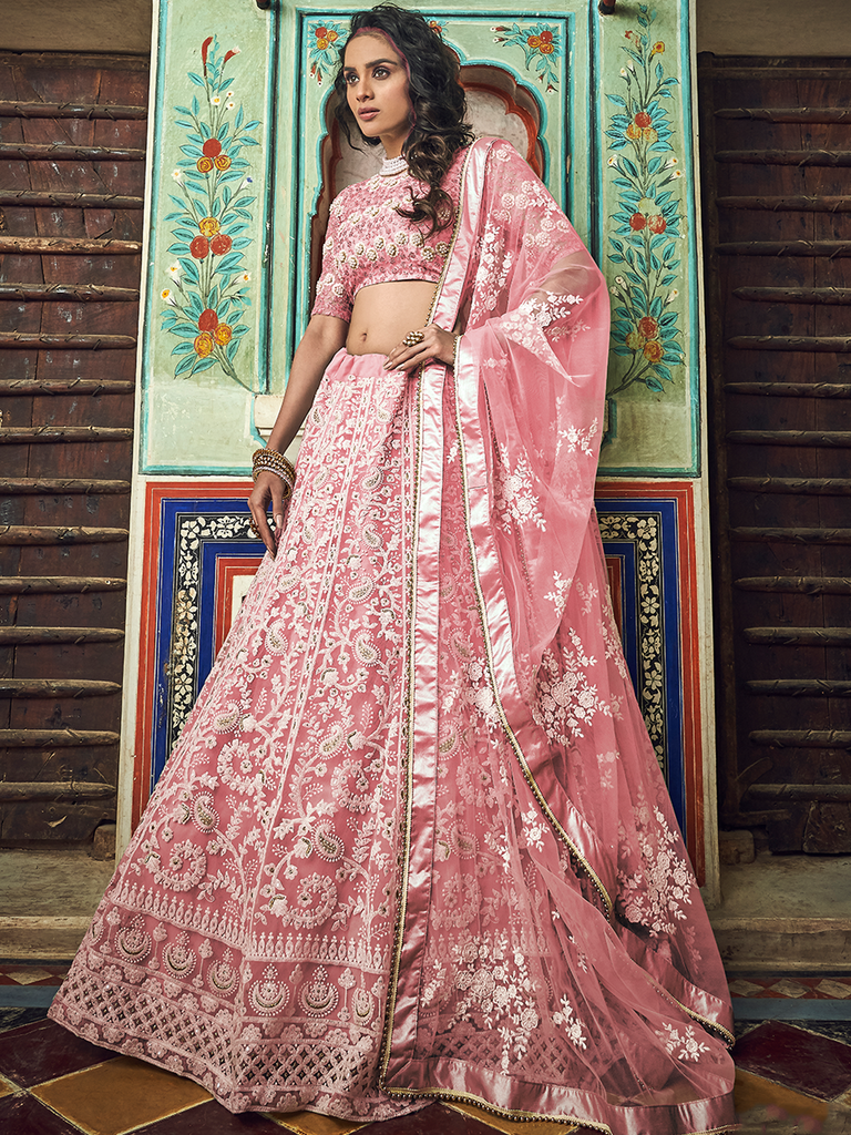 Pink Embroidered Soft Net Semi Stitched Lehenga With Unstitched Blouse Clothsvilla