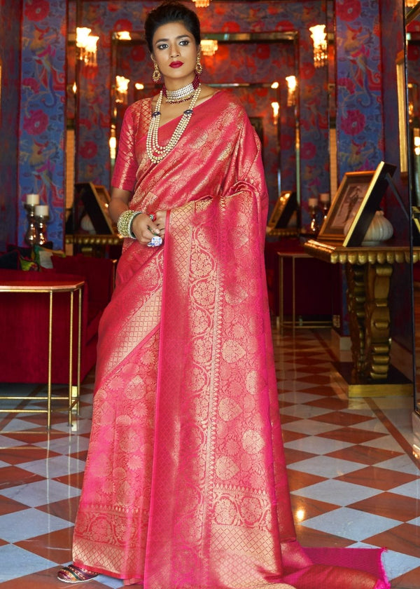 Hot Pink and Golden Blend Woven Kanjivaram Soft Silk Saree Clothsvilla