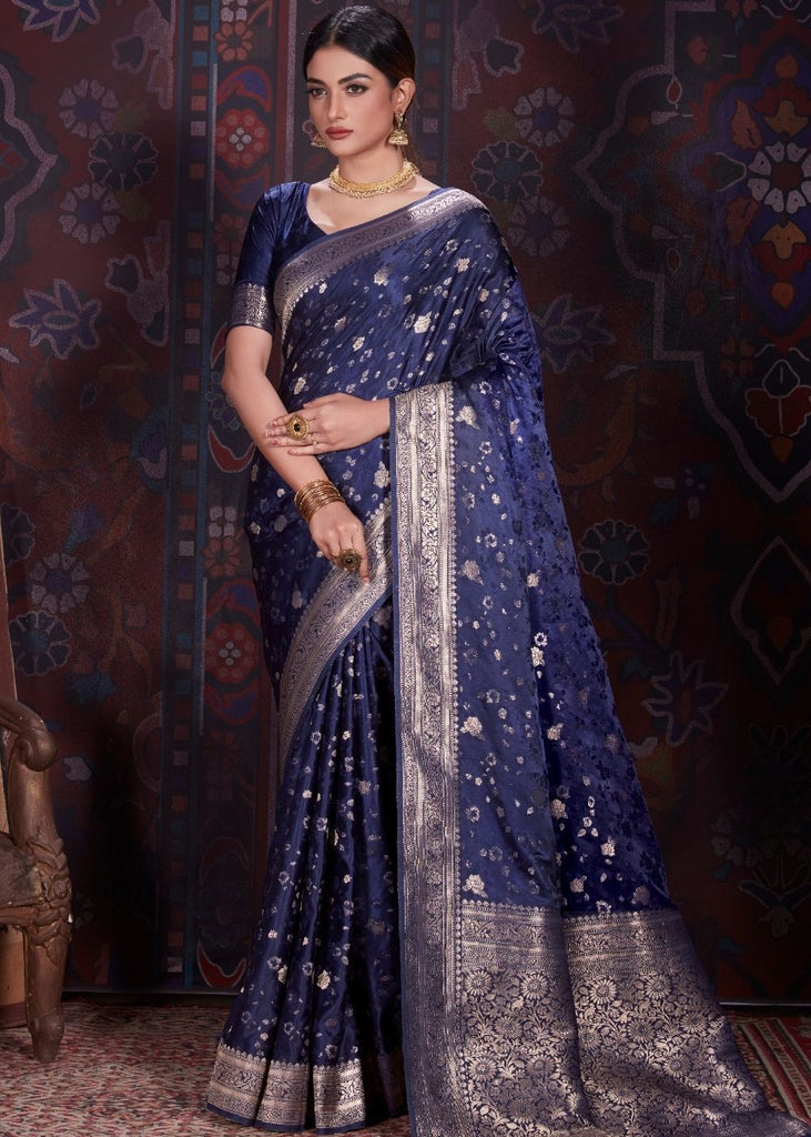 Oxford Blue Zari Woven Satin Silk Saree Clothsvilla