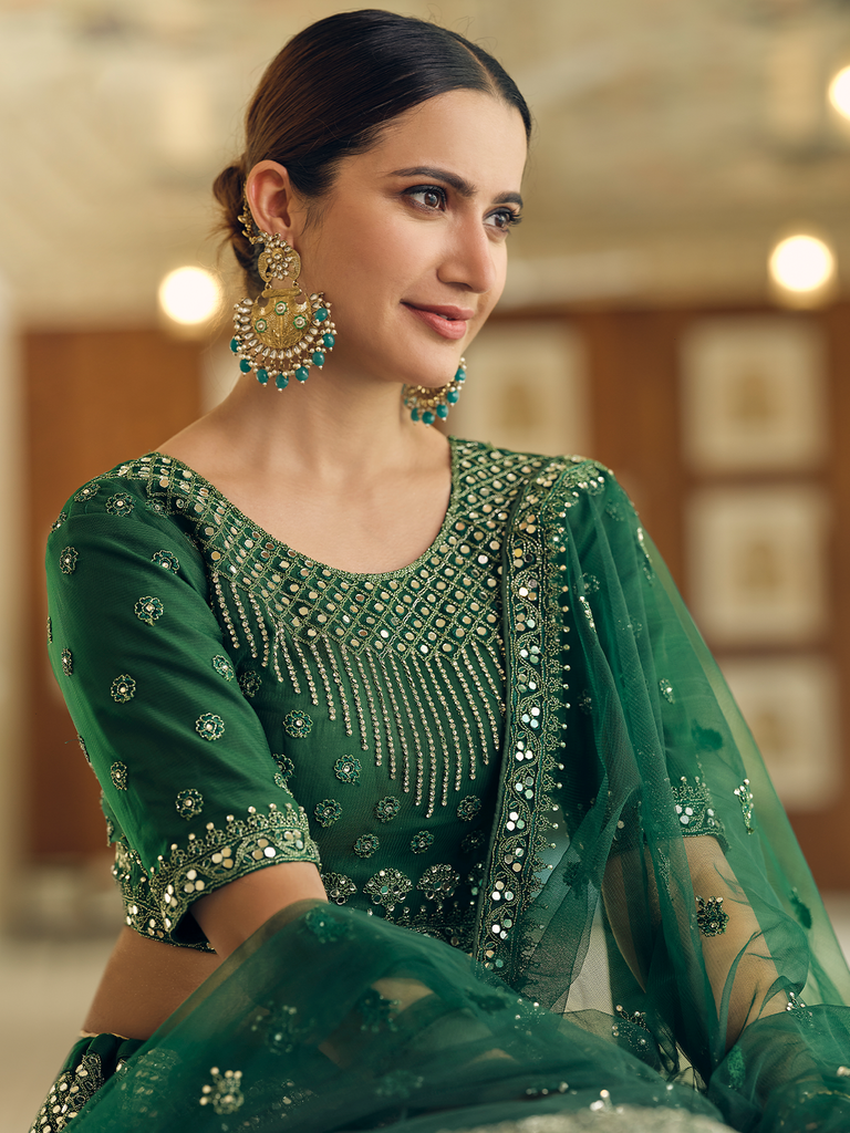 Green Embroidered Soft Net Semi Stitched Lehenga With Unstitched Blouse Clothsvilla