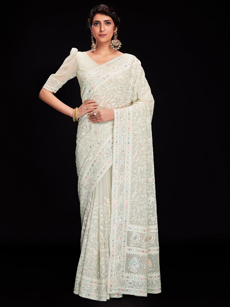 Off White Georgette Embroidered Saree With Unstitched Blouse Clothsvilla