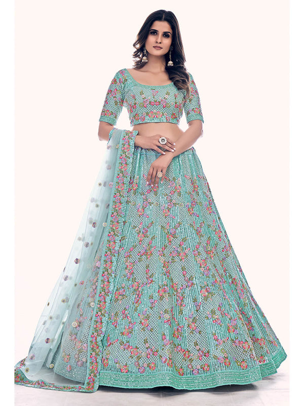 Firozi Soft Net Embroidered Designer Lehenga Choli Clothsvilla