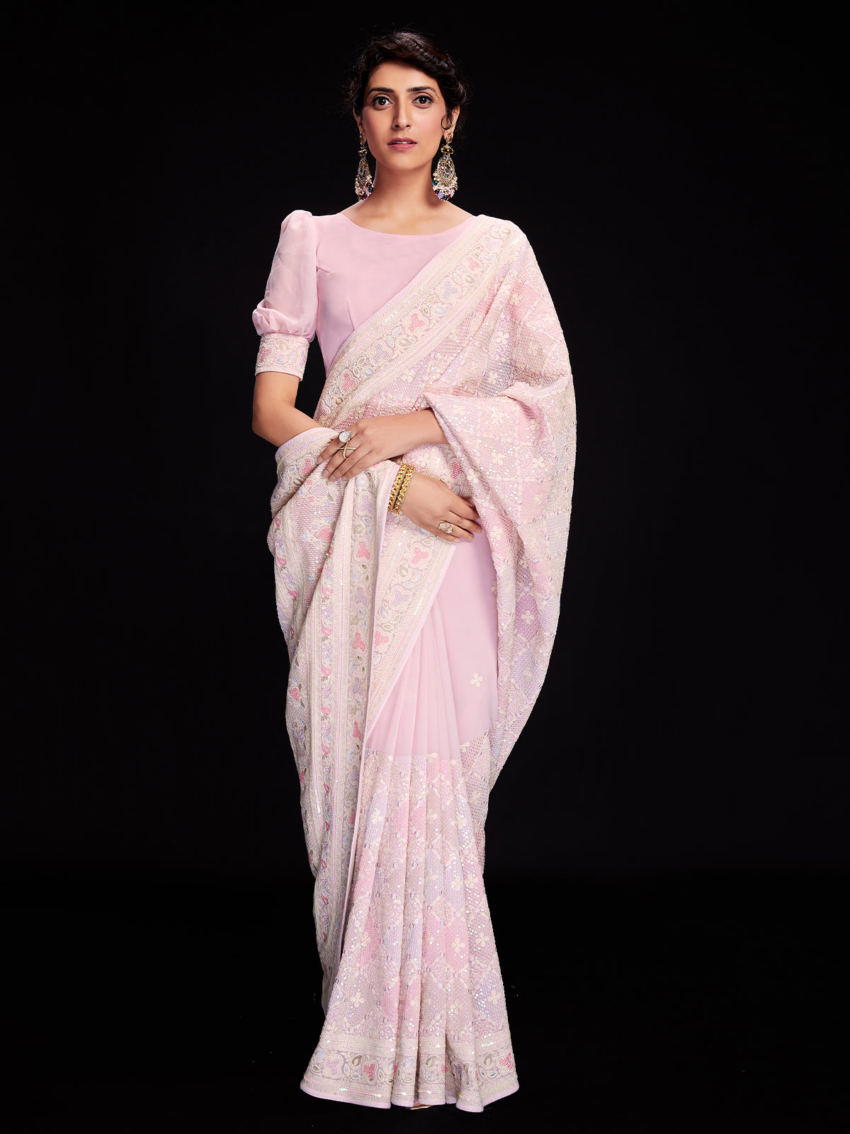 Pink Georgette Embellished Saree With Unstitched Blouse Clothsvilla Main image