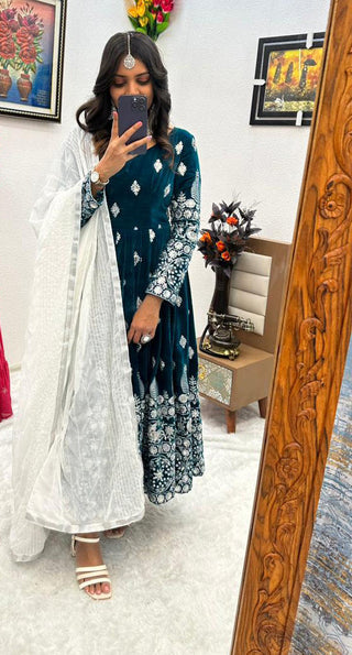 Teal Blue Color Embroidery Sequence Work Designer Velvet Gown Clothsvilla