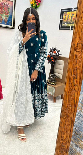 Teal Blue Color Embroidery Sequence Work Designer Velvet Gown Clothsvilla