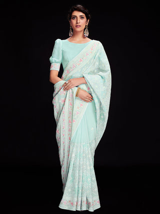 Light Blue Georgette Embellished Saree With Unstitched Blouse Clothsvilla