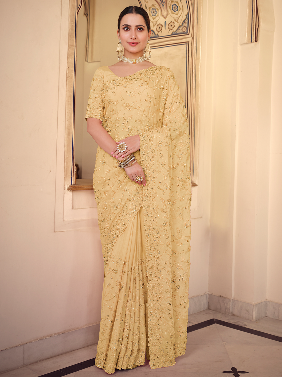 Yellow Chiffon Saree With Unstitched Blouse Clothsvilla Main image