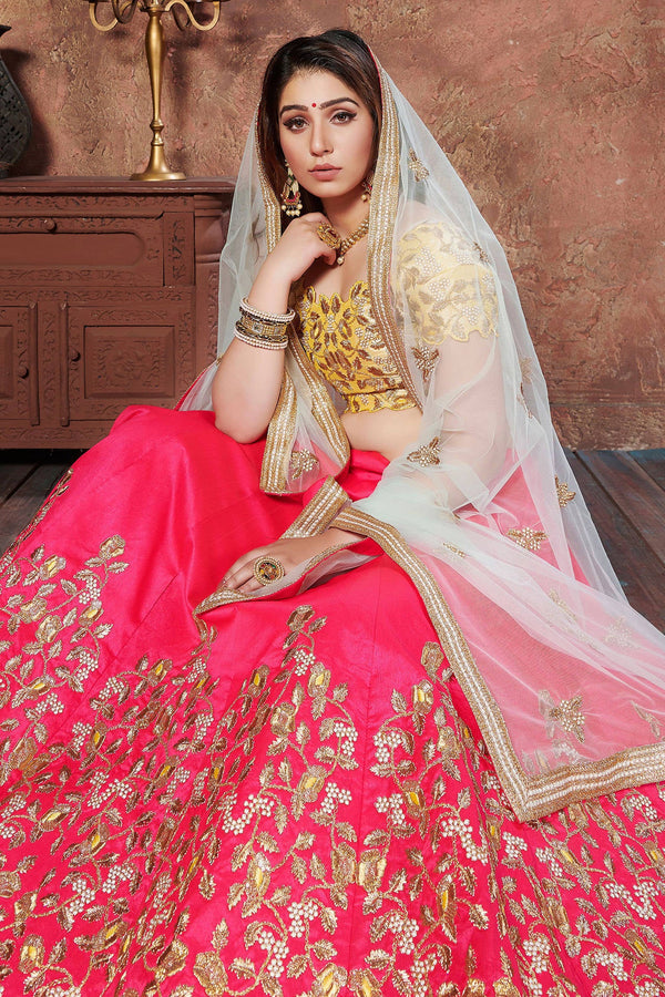 Stunning Hot Pink Thread Embroidered Mulberry Silk Bridal Lehenga Choli ClothsVilla