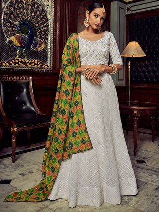 White Embroidered Georgette Semi Stitched Lehenga With Blouse Piece Clothsvilla