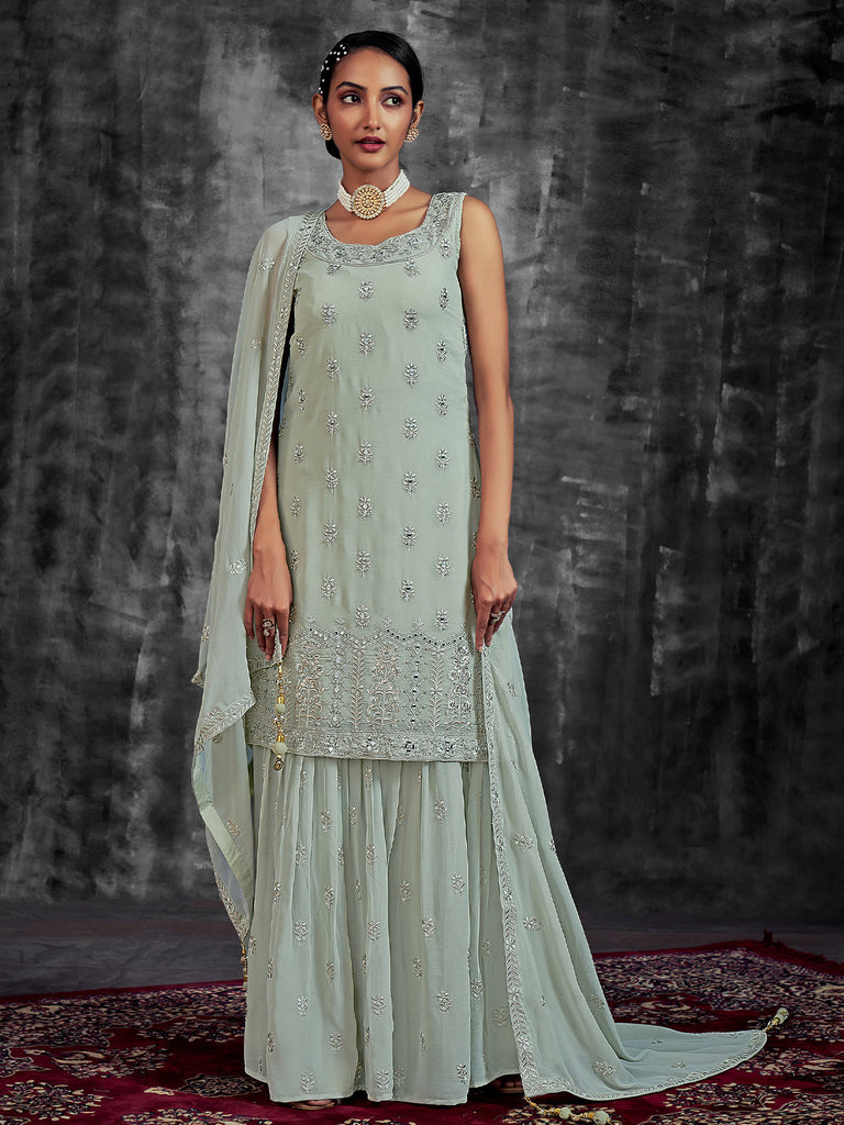 Classic Embroidered Green Georgette Stitched Kurta Set Clothsvilla