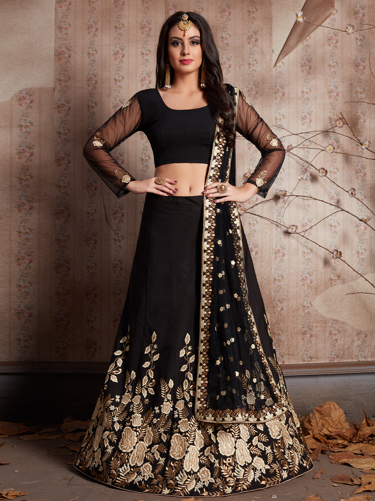 Black Embroidered Semi Stitched Lehenga With Unstitched Blouse Clothsvilla