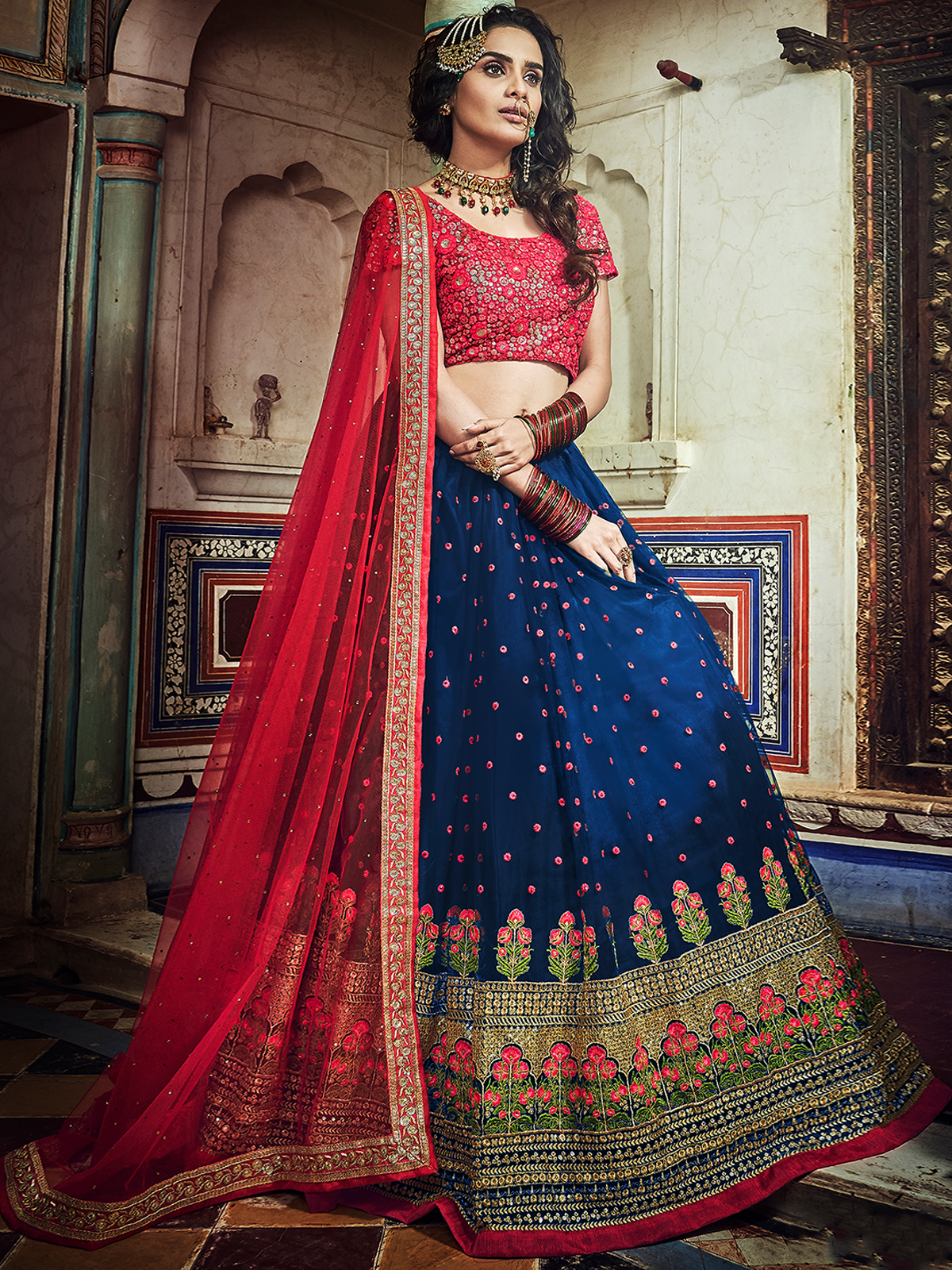 Dark Blue Embroidered Soft Net Semi Stitched Lehenga With Unstitched Blouse Clothsvilla Main image