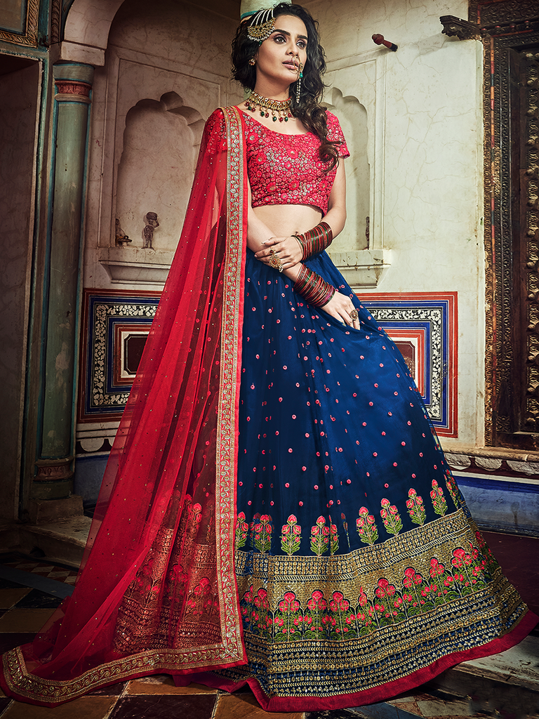 Dark Blue Embroidered Soft Net Semi Stitched Lehenga With Unstitched Blouse Clothsvilla