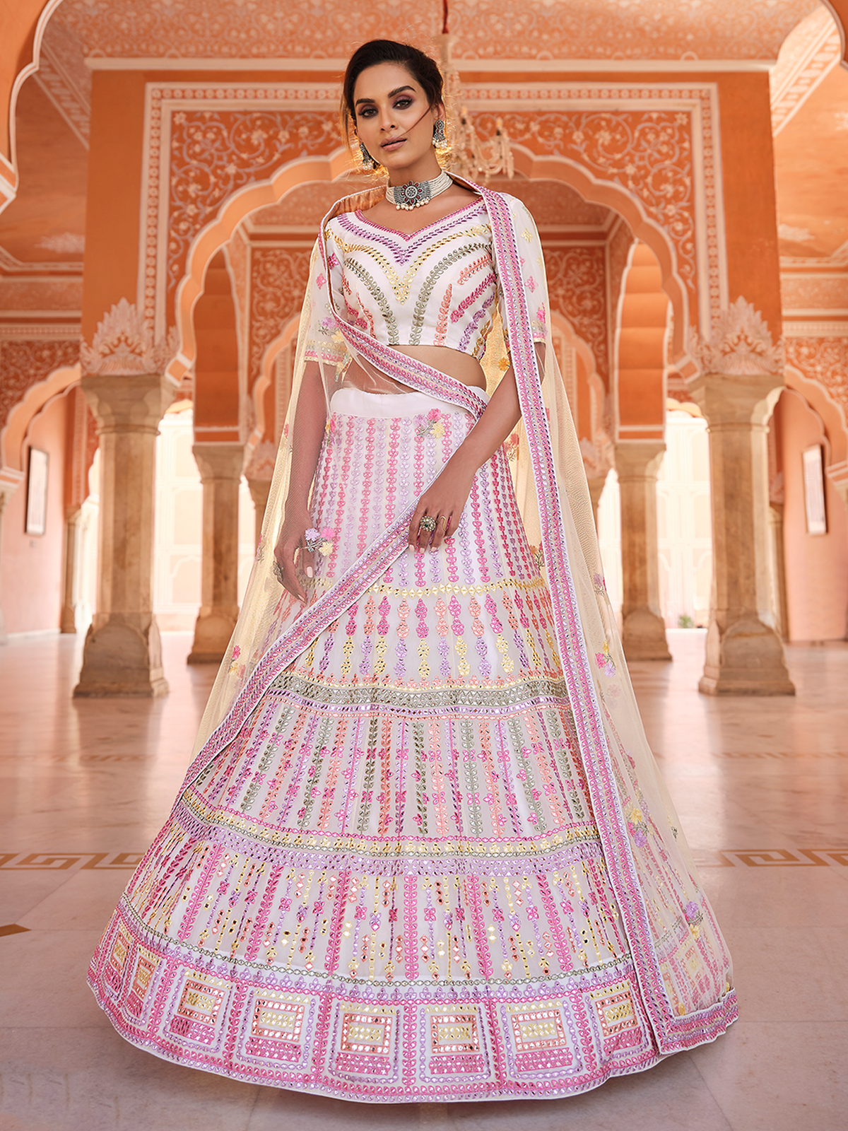 White Embroidered Organza Semi Stitched Lehenga With Unstitched Blouse Clothsvilla