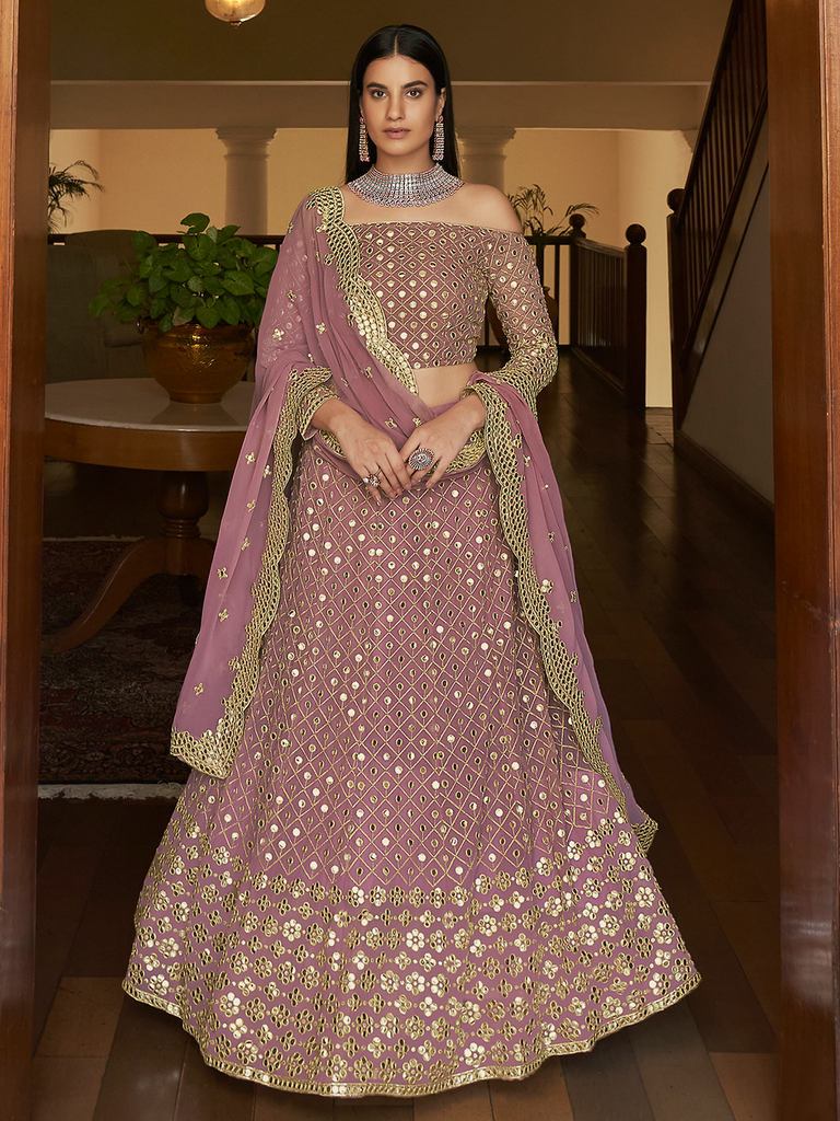 Purple Embroidered Georgette Semi Stitched Lehenga With Unstitched Blouse Clothsvilla