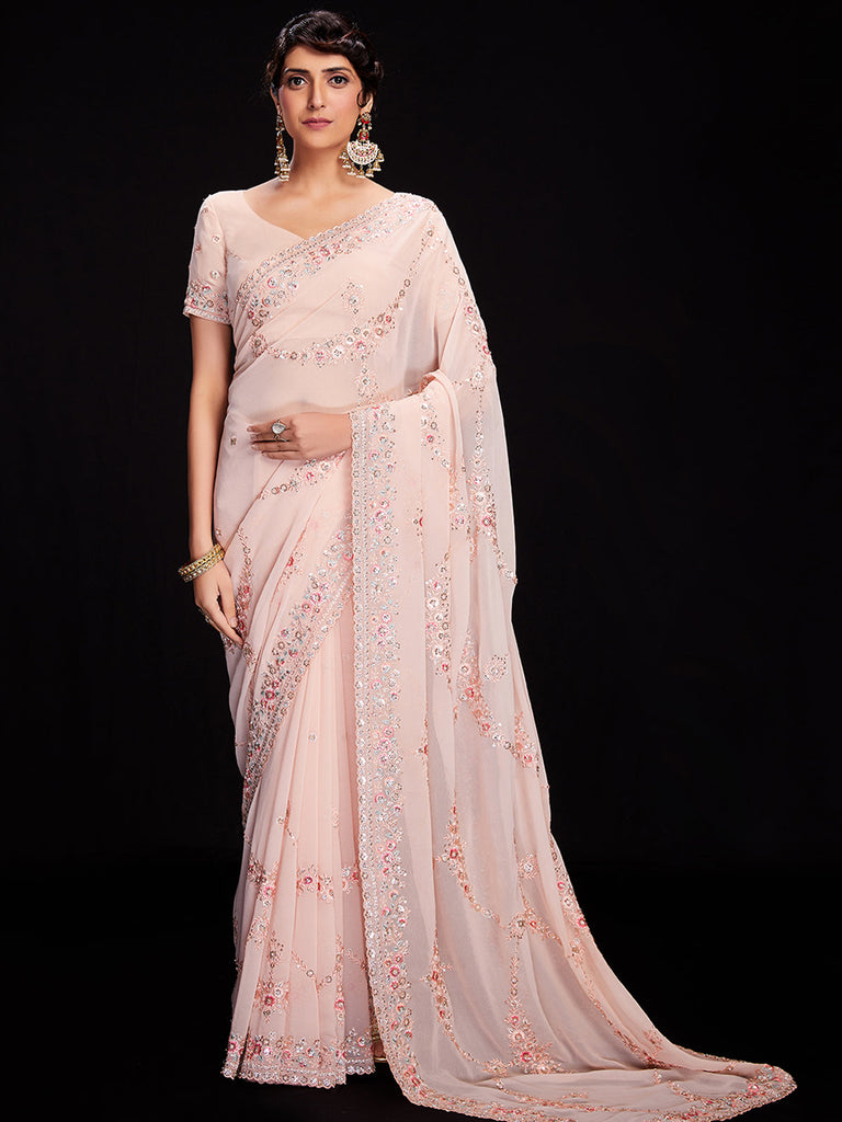 Peach Georgette Embroidered Saree With Unstitched Blouse Clothsvilla