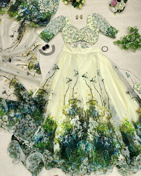 Trendy Cream Color Digital Printed Organza Lehenga Choli Main image