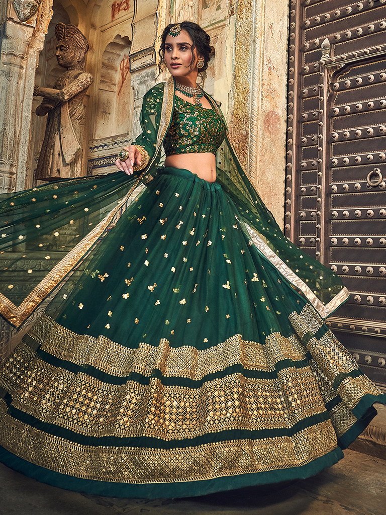 Green Embroidered Soft Net Semi Stitched Lehenga With Unstitched Blouse Clothsvilla