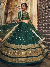 Load image into Gallery viewer, Green Embroidered Soft Net Semi Stitched Lehenga With Unstitched Blouse Clothsvilla