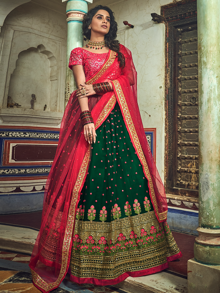 Green Sequins, Thread, Zari, Pearl Semi Stitched Lehenga With Unstitched Blouse Clothsvilla