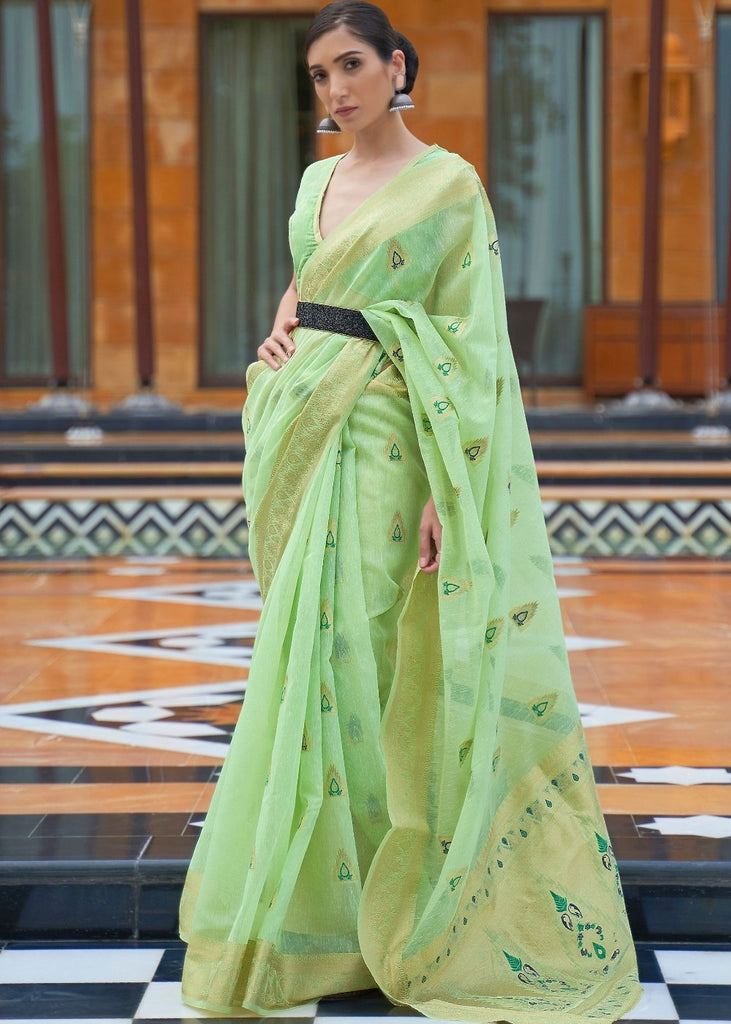 Mint Green Woven Linen Silk Saree Clothsvilla