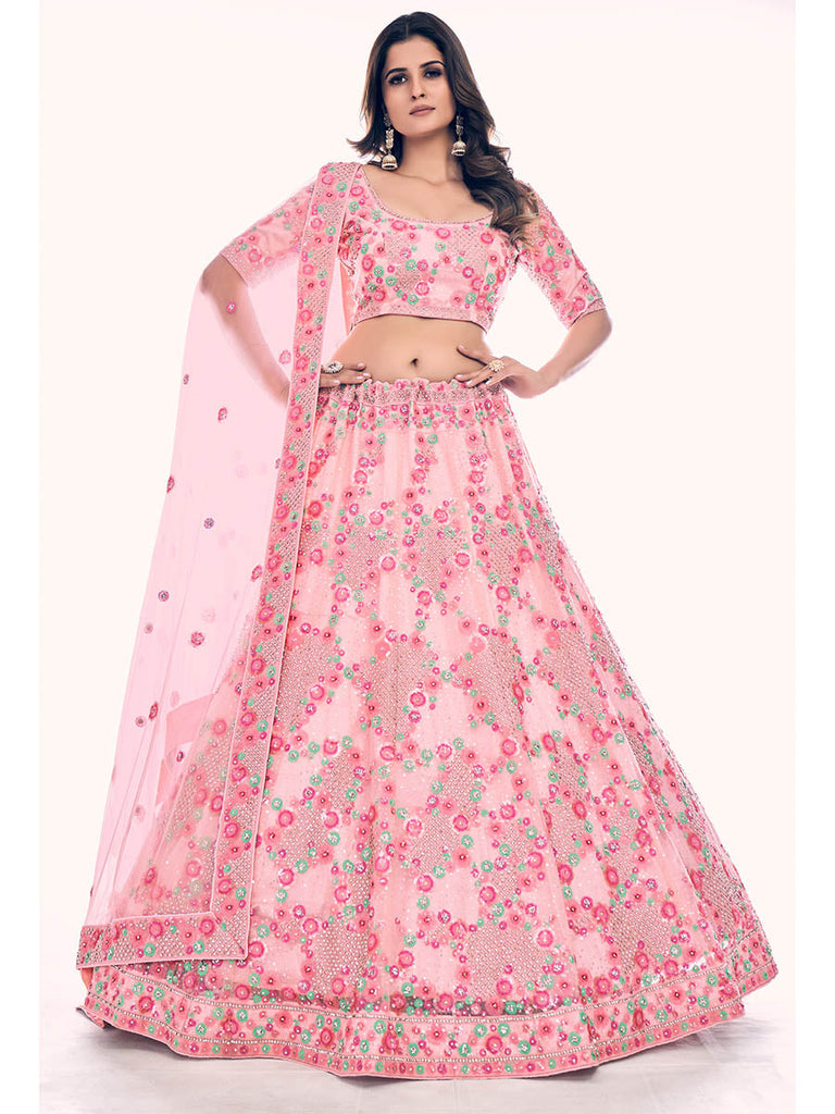 Peach Soft Net Embroidered Designer Lehenga Choli Clothsvilla