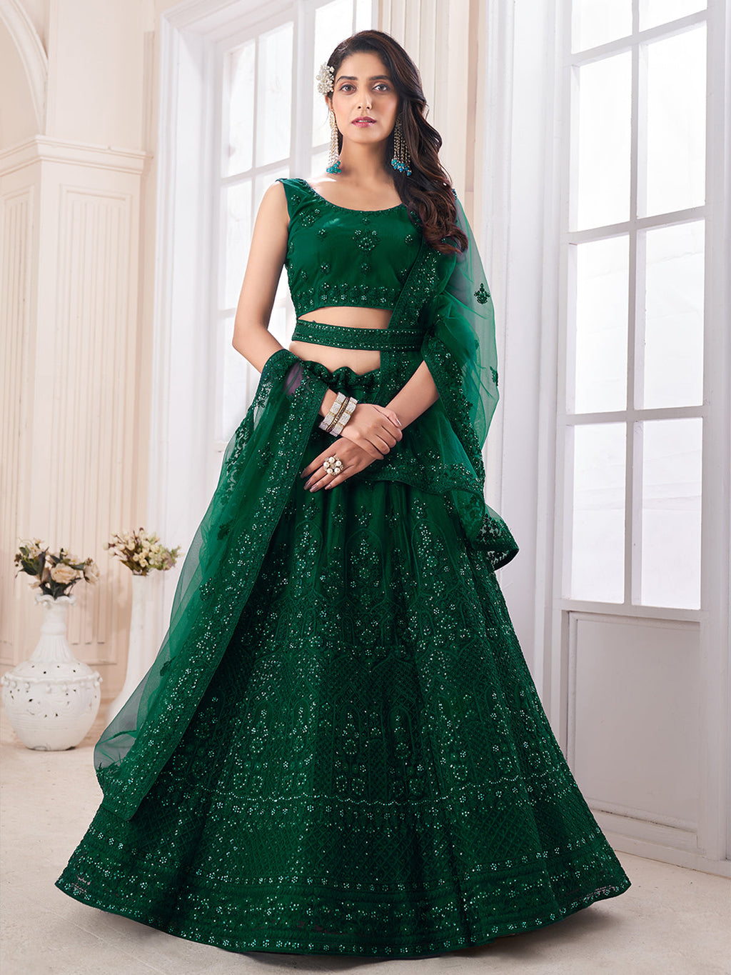 Green Soft Net Embroidered Semi Stitched Lehenga Choli Clothsvilla