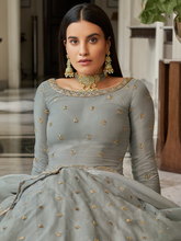 Load image into Gallery viewer, Grey Embroidered Semi Stitched Lehenga With Unstitched Blouse Clothsvilla