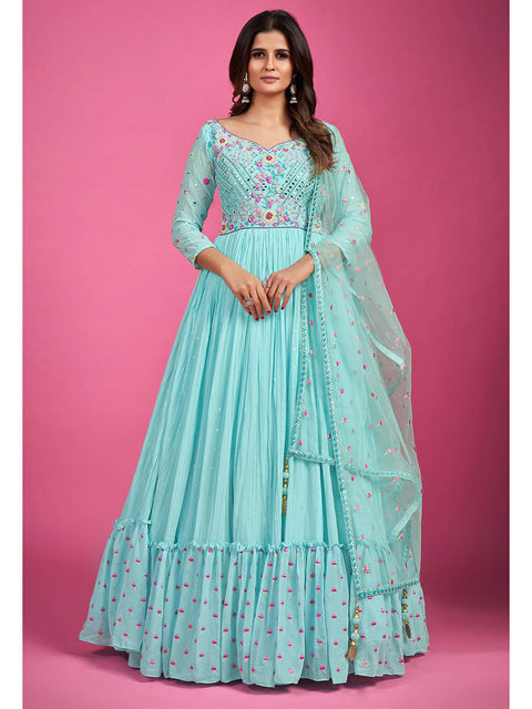 Blue Chinon Silk Embroidered Gown Clothsvilla Main image