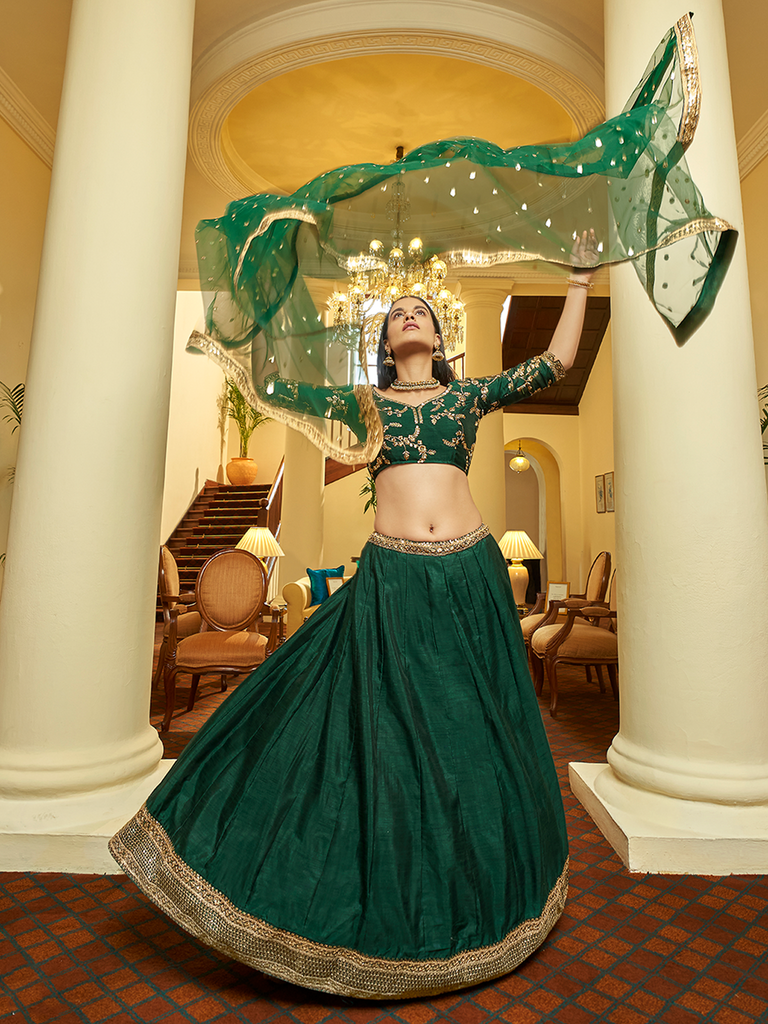 Green Art Silk Semi Stitched Lehenga With Unstitched Blouse Clothsvilla