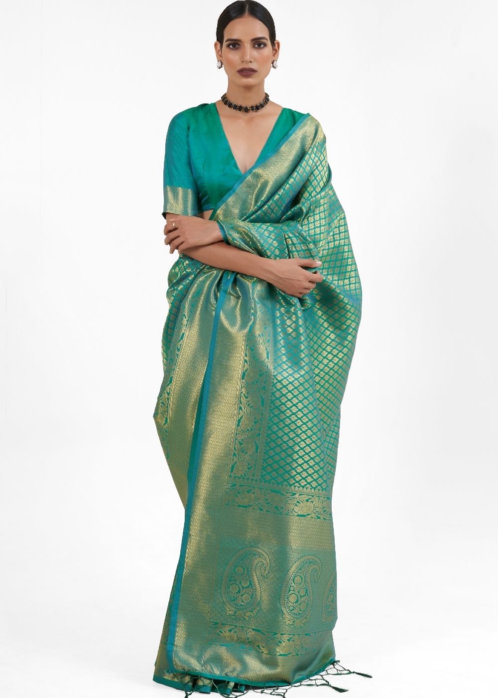 Persian Green Kanjivaram Soft Woven Silk Saree Clothsvilla Main image