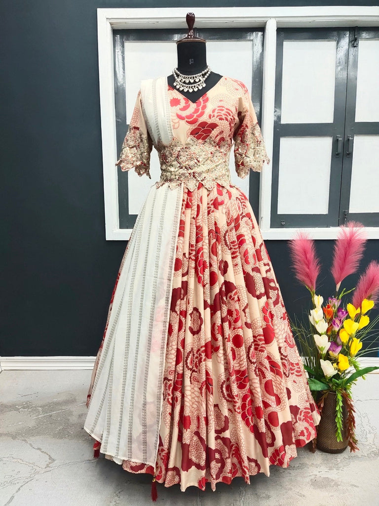 Digital Printed Off-white And Red Embroidery Work Gown Clothsvilla