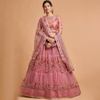 Miraculous Dusty Pink Thread Embroidery Net Party wear Lehenga Choli ClothsVilla