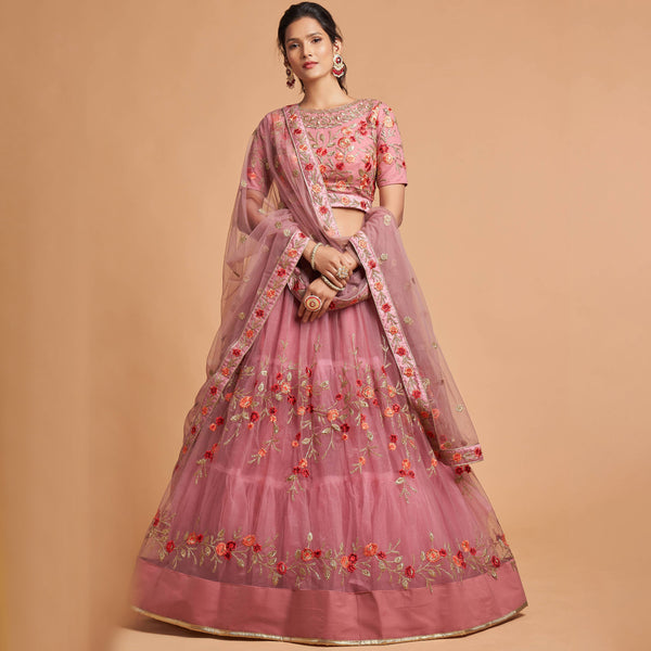 Miraculous Dusty Pink Thread Embroidery Net Party wear Lehenga Choli ClothsVilla