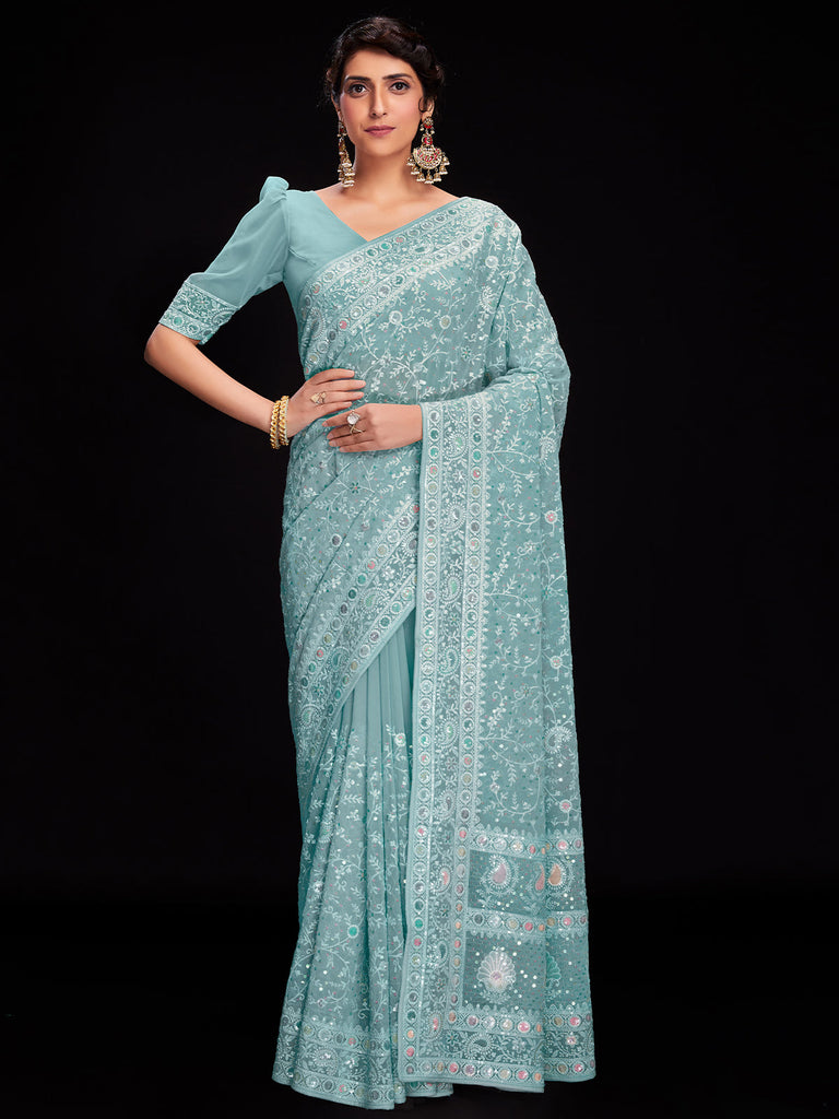 Blue Georgette Embroidered Saree With Unstitched Blouse Clothsvilla