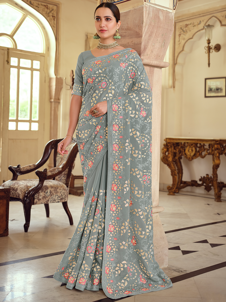 Grey Satin Georgette Saree With Unstitched Blouse Clothsvilla