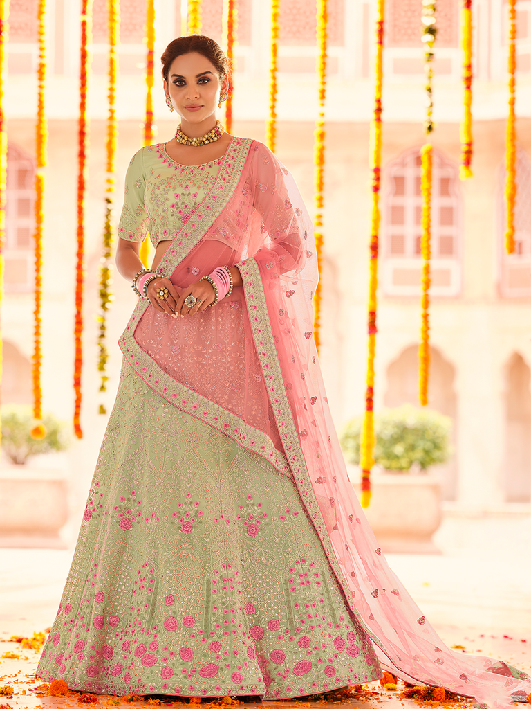 Green Embroidered Georgette Semi Stitched Lehenga With Unstitched Blouse Clothsvilla