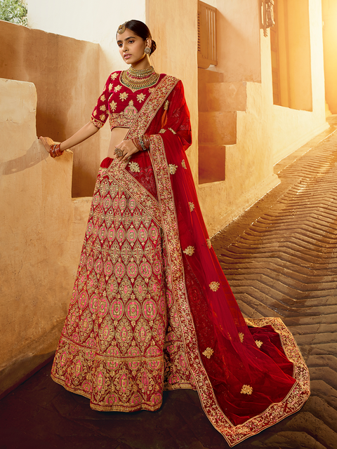 Red Velvet Semi Stitched Lehenga With Unstitched Blouse Clothsvilla Main image
